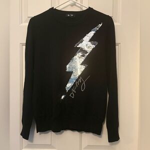 DKNY Donna Karen Black w/ Silver Sequin Lightening Bolt Sweater - Sz M